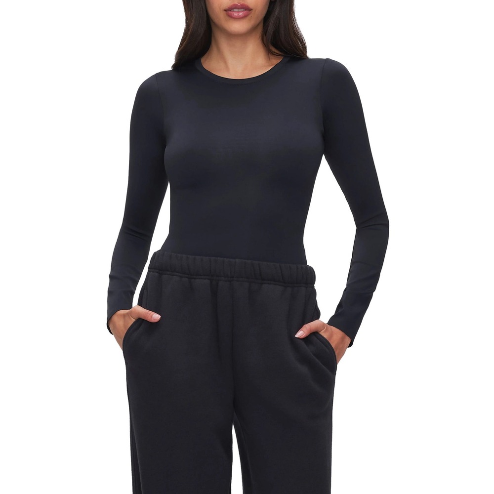 Good American Long Sleeve Sculpting Crew Neck Bodysuit Size S Black